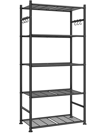 Sakugi 5T Storage Rack Organizer with Hooks, Heavy Duty Metal Garage Rack with Leveling Feet, Freestanding Utility Rack for Bedroom, Balcony and Garage, 18.1"×12.4"×56.8", White