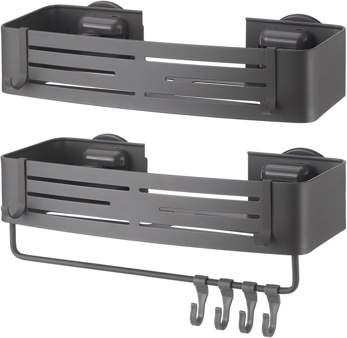 2 Pcs Square Shower Caddy, Double-Layer Suction Cup No-Drilling Aluminum Organizer, Gray Wall Mount Bathroom Shelves with Towel Bar & Hooks, Space-Saving for Shower & Kitchen