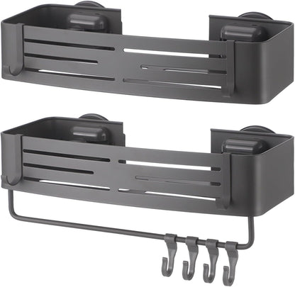 2 Pcs Square Shower Caddy, Double-Layer Suction Cup No-Drilling Aluminum Organizer, Gray Wall Mount Bathroom Shelves with Towel Bar & Hooks, Space-Saving for Shower & Kitchen