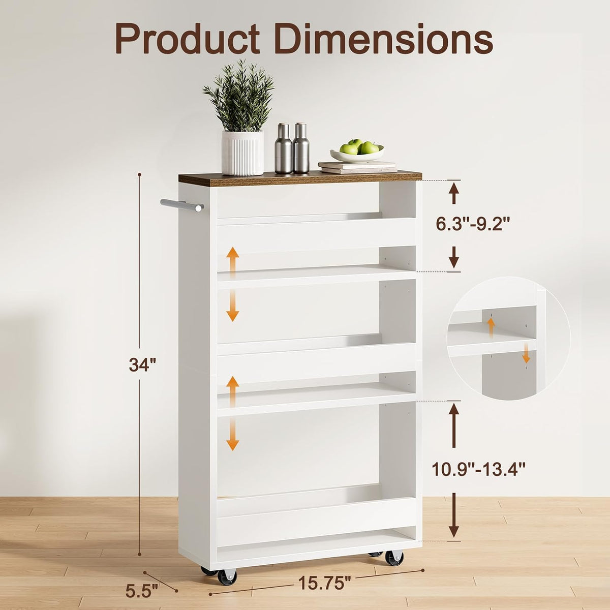 Yoobure 4-Tier Slim Storage Cart - Narrow Rolling Cart on Wheels, Slide Out Utility Carts with Adjustable Shelves, Organizer Trolley with Handle & Flip Top for Kitchen, Bathroom, Laundry, Small Spaces