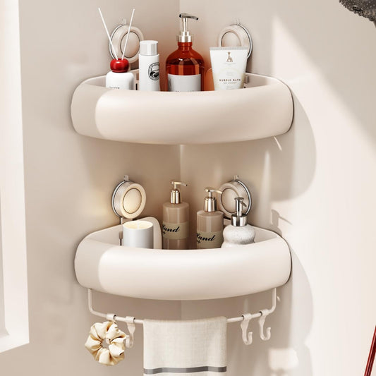 CICUFY Shower Caddy Suction Cup, 2 Pack No Drilling Corner Shower Shelves, Rust Proof Bathroom Storage Organizer, Shower Corner Caddy with Removable Hooks and Towel Bar, Triangle, Cream
