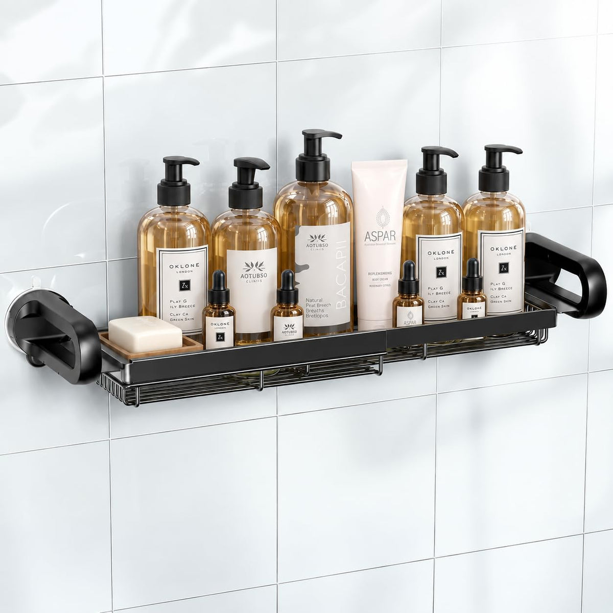 JOTPE Shower Caddy Suction Cup, Powerful Suction Storage Shelf Holds Up to 40 lbs, No Drilling Bathroom Organizer with Large Capacity, Removable & Reusable Shower Basket with Hooks, Rustproof, Black