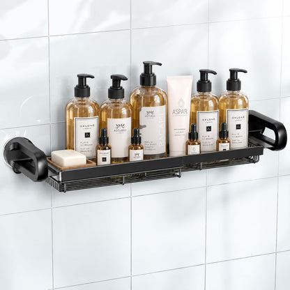JOTPE Shower Caddy Suction Cup, Powerful Suction Storage Shelf Holds Up to 40 lbs, No Drilling Bathroom Organizer with Large Capacity, Removable & Reusable Shower Basket with Hooks, Rustproof, Black
