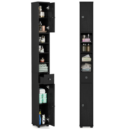 Tangkula Tall Slim Bathroom Storage Cabinet, 71" Freestanding Bathroom Cabinet w/ 2 Doors, 1 Drawer & 5 Adjustable Shelves, Floor Narrow Tower Cabinet for Small Spaces, 8" x 8" x 71" (Grey)