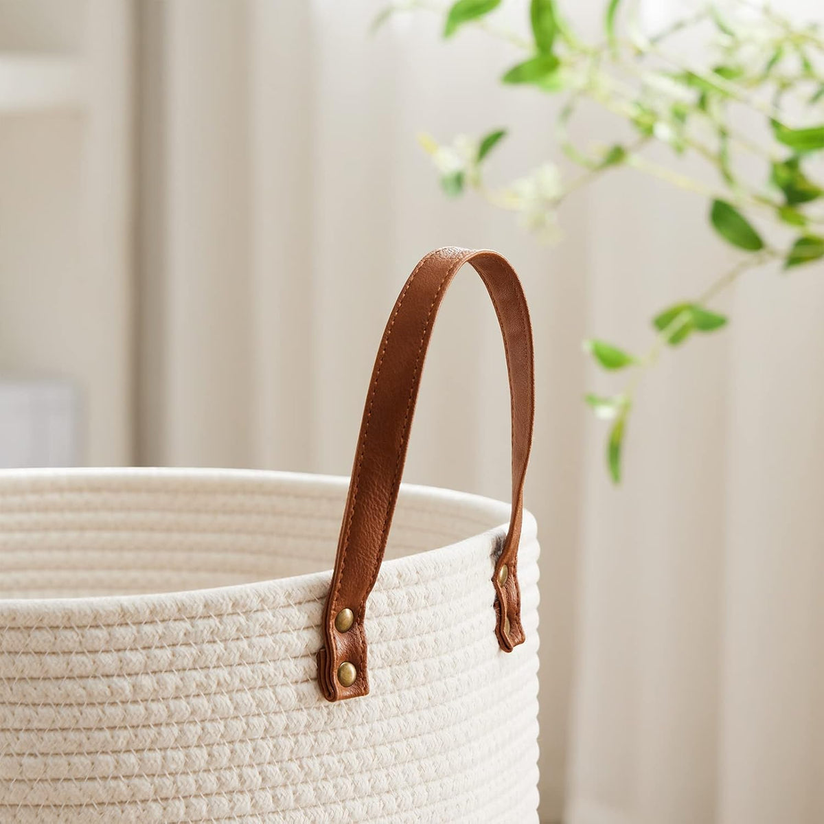 VIPOSCO 72L Tall Woven Rope Laundry Hamper, Leather Handles, White & Brown
