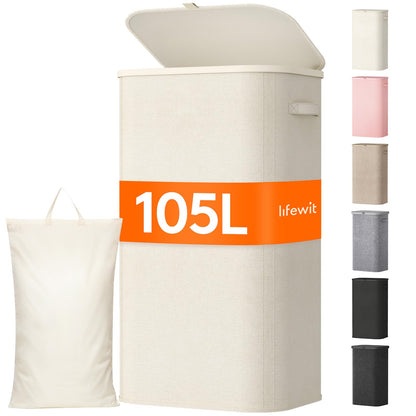 Lifewit 105L Large Laundry Hamper with Lid, Removable Inner Bag, Beige