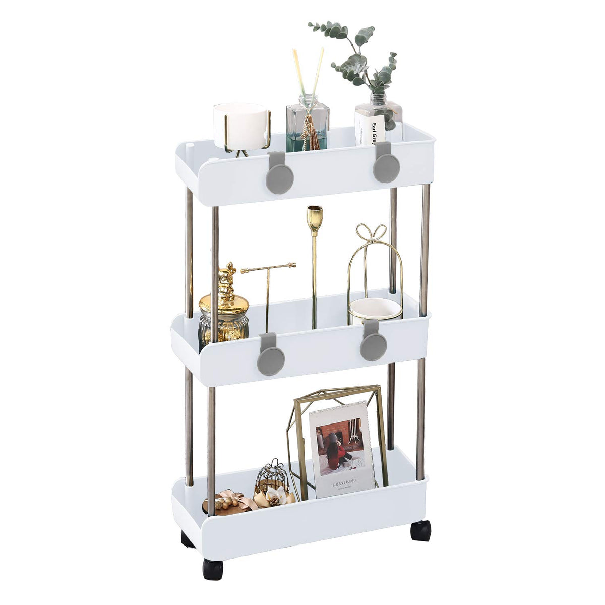 Melody House 3-Tier Slim Mobile Shelving Unit on Wheels, Slide Out Rolling Bathroom Storage Organizer, Utility Carts Shelf Rack for Kitchen Bathroom Laundry Room Narrow Places, Navy Blue