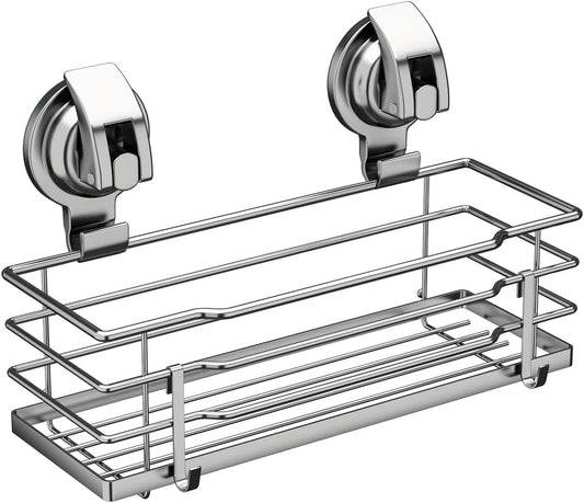 TESOT Suction Cup Shower Caddy, Shower Shelf Soap Dish with Hooks for Razor, Sponge, Rust Proof 304 Stainless Steel, Silver