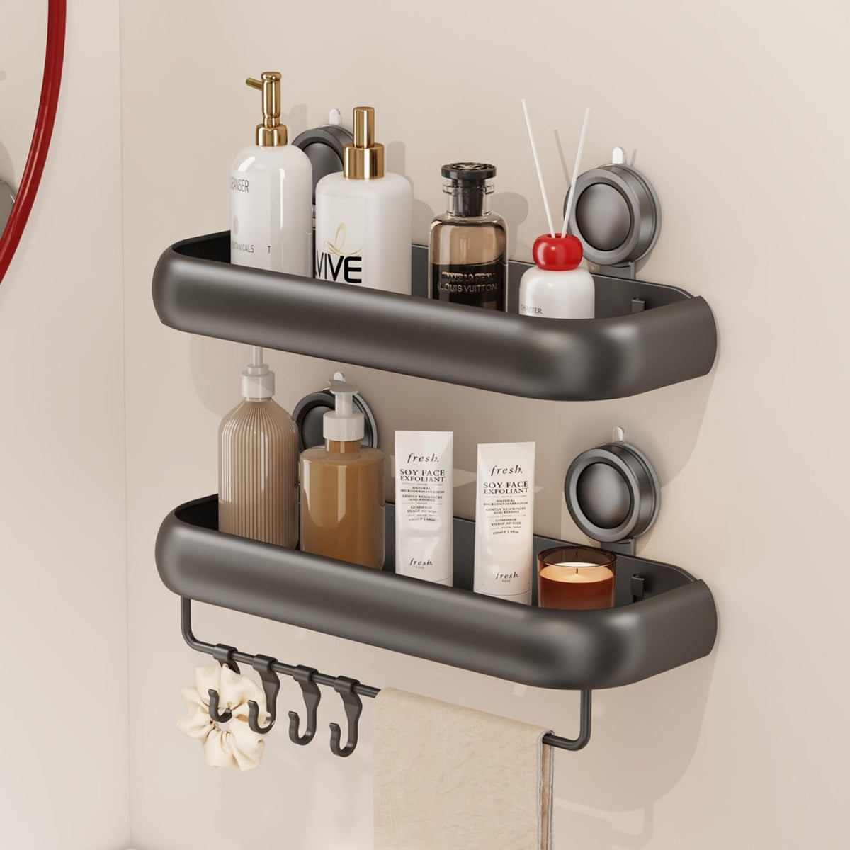 CICUFY Shower Caddy Suction Cup, 2 Pack No Drilling Corner Shower Shelves, Rust Proof Bathroom Storage Organizer, Shower Corner Caddy with Removable Hooks and Towel Bar, Triangle, Cream