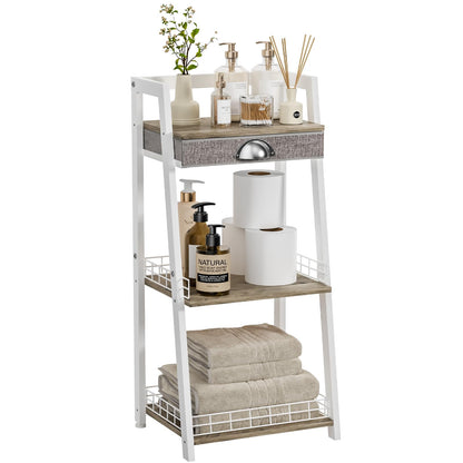 keomaisyto 3-Tier Narrow Bathroom Shelves with Drawer, Bathroom Organizers and Storage, Open Floor Ladder Shelf, Freestanding Tower Slim Standing Unit for Small Spaces - Rustic Brown