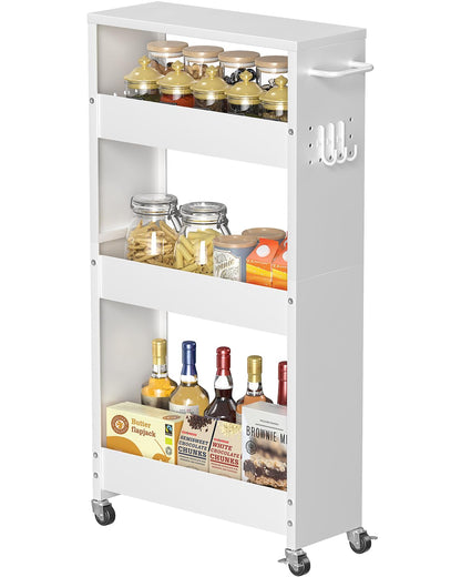 CHLORYARD Slim Storage Cart, 4-Tier Kitchen Rolling Cart Narrow Storage Cabinet with Handle & Wheels, Metal Rolling Shelf Unit for Kitchen Bathroom Laundry Small Places(5 in Width/White)