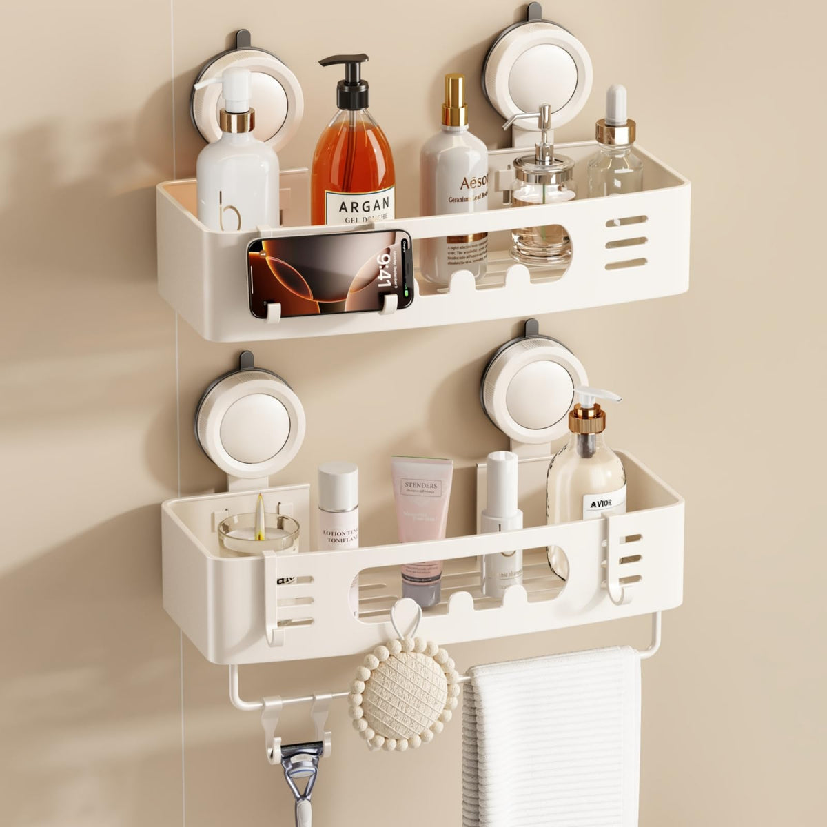 Voldra Corner Shower Caddy Suction Cup, Aluminum Corner Shower Shelves for Wall No Drilling, Large Suction Cup Shower Organizer with Towel Bar & Hooks Removable Bathroom Storage(2 Pack-Cream White)