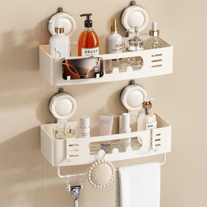 Voldra Corner Shower Caddy Suction Cup, Aluminum Corner Shower Shelves for Wall No Drilling, Large Suction Cup Shower Organizer with Towel Bar & Hooks Removable Bathroom Storage(2 Pack-Cream White)