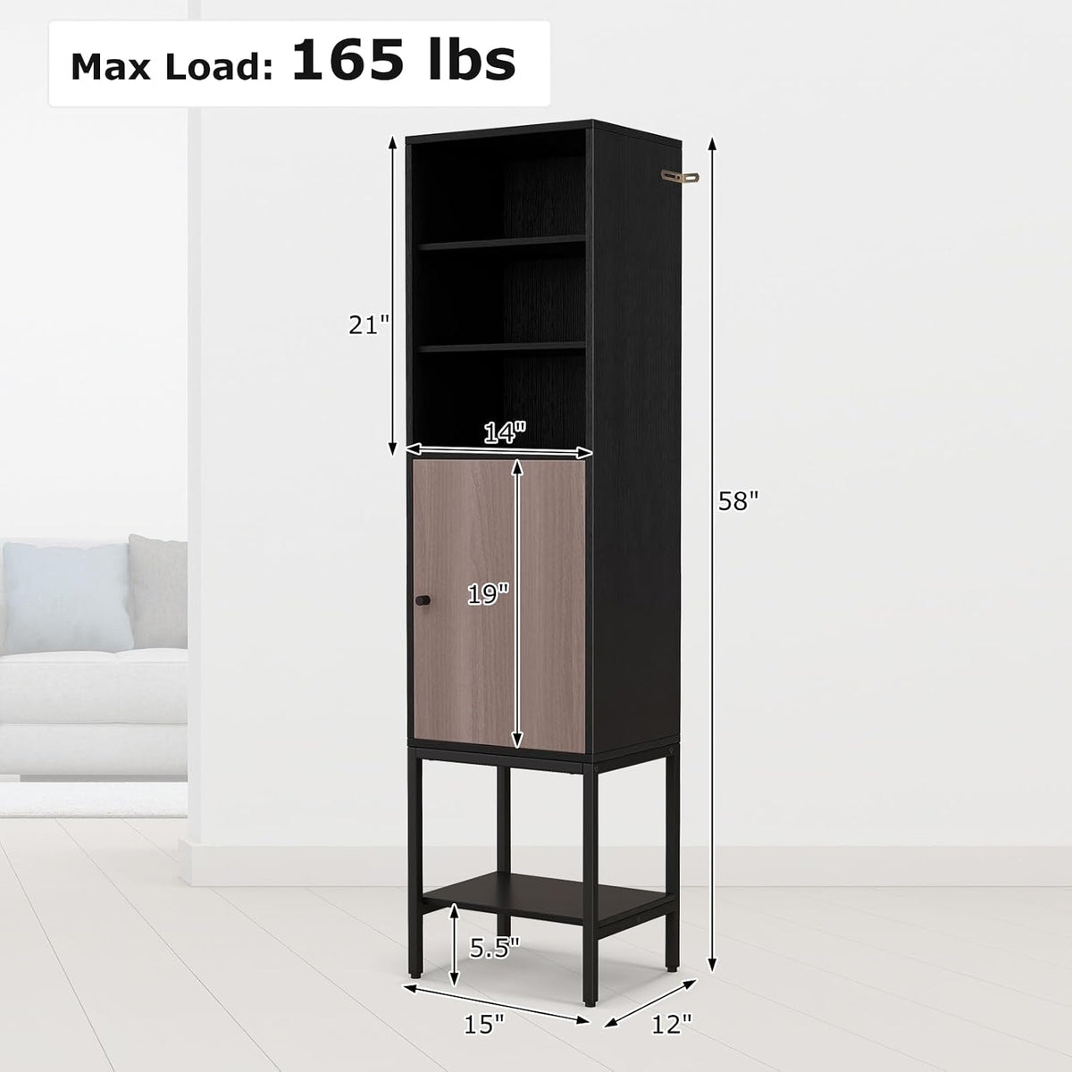 Tangkula Tall Bathroom Storage Cabinet with 1 Door and 4 Shelves, 57" H Narrow Floor Cabinet with Adjustable Shelves, Tall Slim Bathroom Cabinet for Living Room, Entryway, Kitchen (Black)
