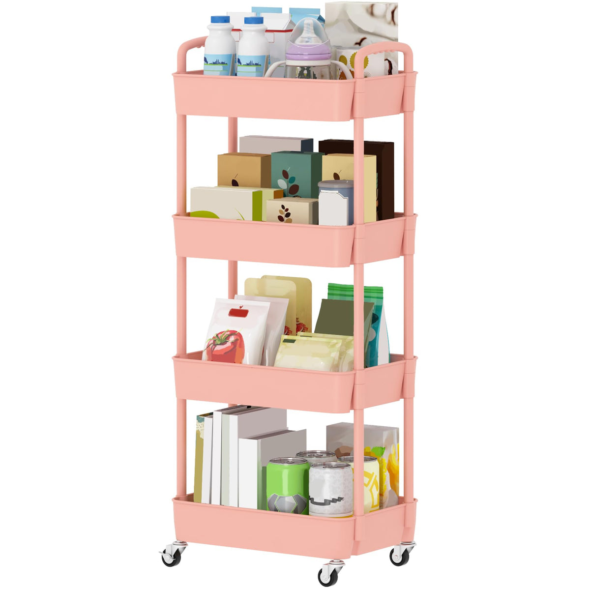 Sywhitta 4-Tier Plastic Rolling Utility Cart with Wheels for Storage,White