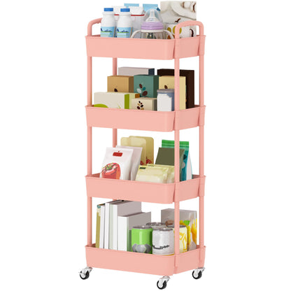 Sywhitta 4-Tier Plastic Rolling Utility Cart with Wheels for Storage,White