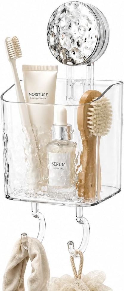 HOME&I Clear Suction Cup Toothbrush Holder for Shower Wall, Twist-to-Lock Drill-Free Bathroom Organizer with 2 Hooks, Self-Draining Wall Storage for Toothpaste, Razor & Accessories