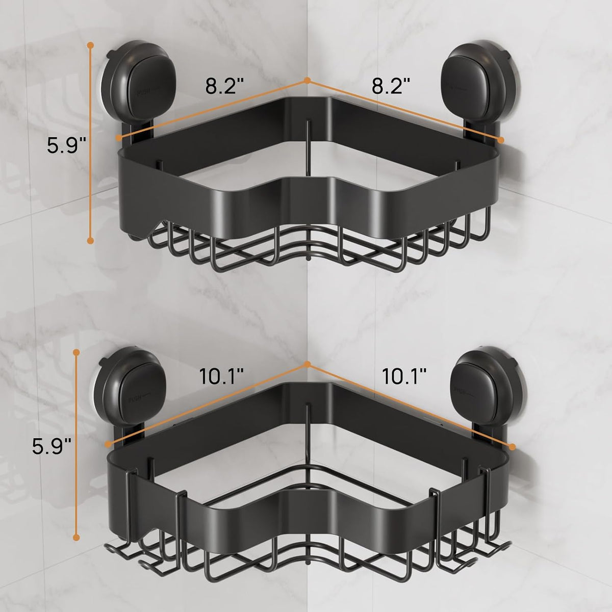 LEVERLOC Corner Shower Caddy Suction Cup, Black Shower Organizer With Hooks