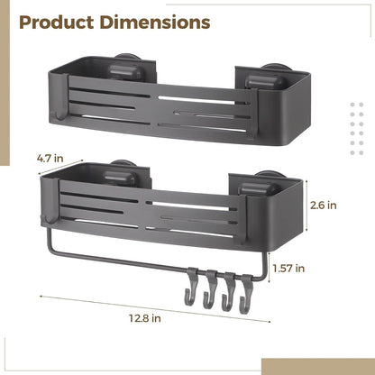 2 Pcs Square Shower Caddy, Double-Layer Suction Cup No-Drilling Aluminum Organizer, Gray Wall Mount Bathroom Shelves with Towel Bar & Hooks, Space-Saving for Shower & Kitchen