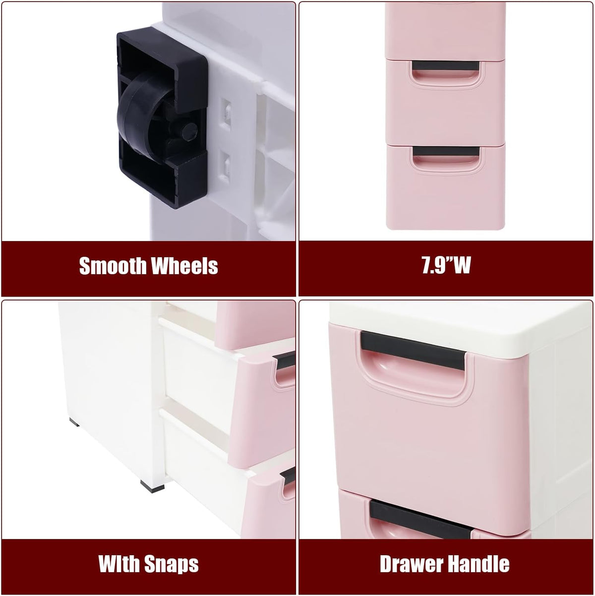 6 Drawers Narrow Slim Plastic Storage Cabinet,Storage Drawer with Wheels,6 Tier Drawers Dresser,Rolling Narrow Cabinet for Small Spaces Bathroom Kitchen Living Room,Pink