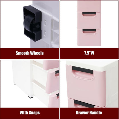 6 Drawers Narrow Slim Plastic Storage Cabinet,Storage Drawer with Wheels,6 Tier Drawers Dresser,Rolling Narrow Cabinet for Small Spaces Bathroom Kitchen Living Room,Pink