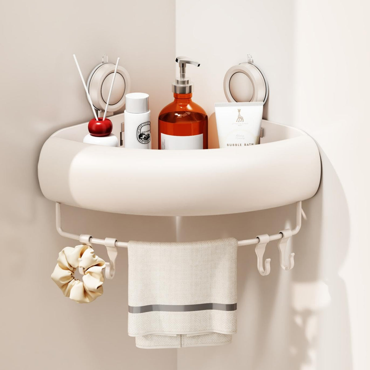 CICUFY Shower Caddy Suction Cup, 2 Pack No Drilling Corner Shower Shelves, Rust Proof Bathroom Storage Organizer, Shower Corner Caddy with Removable Hooks and Towel Bar, Triangle, Cream