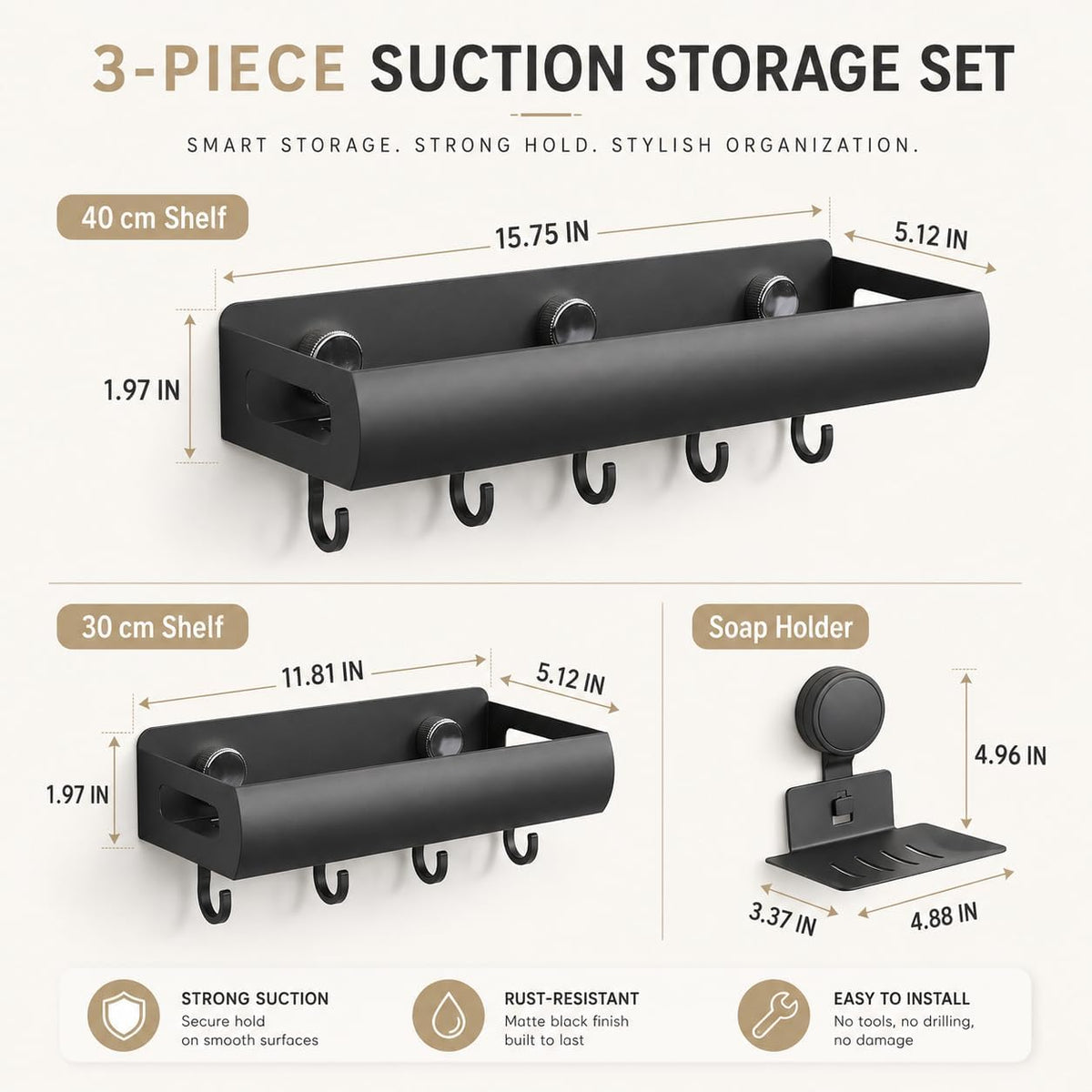 Adhesive Shower Shelf, 3 Pack Suction Cup Shower Caddy with Hooks, Black