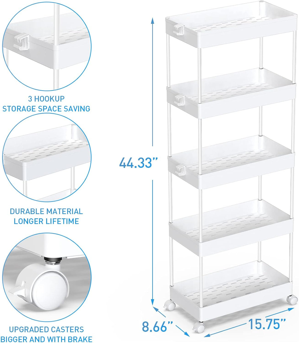 SPACEKEEPER 5 Tier Storage Rolling Cart, Bathroom Cart with Wheels, White