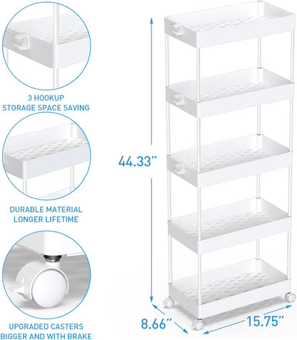 SPACEKEEPER 5 Tier Storage Rolling Cart, Bathroom Cart with Wheels, White