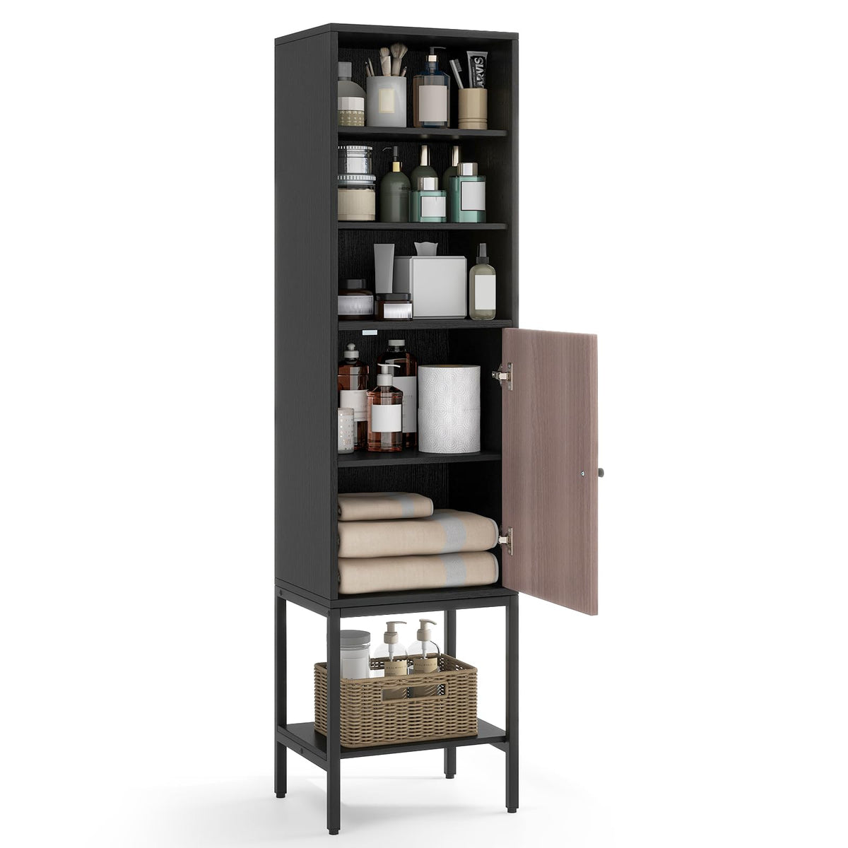 Tangkula Tall Bathroom Storage Cabinet with 1 Door and 4 Shelves, 57" H Narrow Floor Cabinet with Adjustable Shelves, Tall Slim Bathroom Cabinet for Living Room, Entryway, Kitchen (Black)