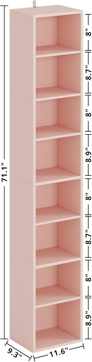 IRONCK Tall Narrow Bookshelf 8 Tiers, Compact Corner Bookcase, Floor Standing Display Storage Shelves 71 in Tall, Easy to Match for Living Room, Office, Study, Bedroom