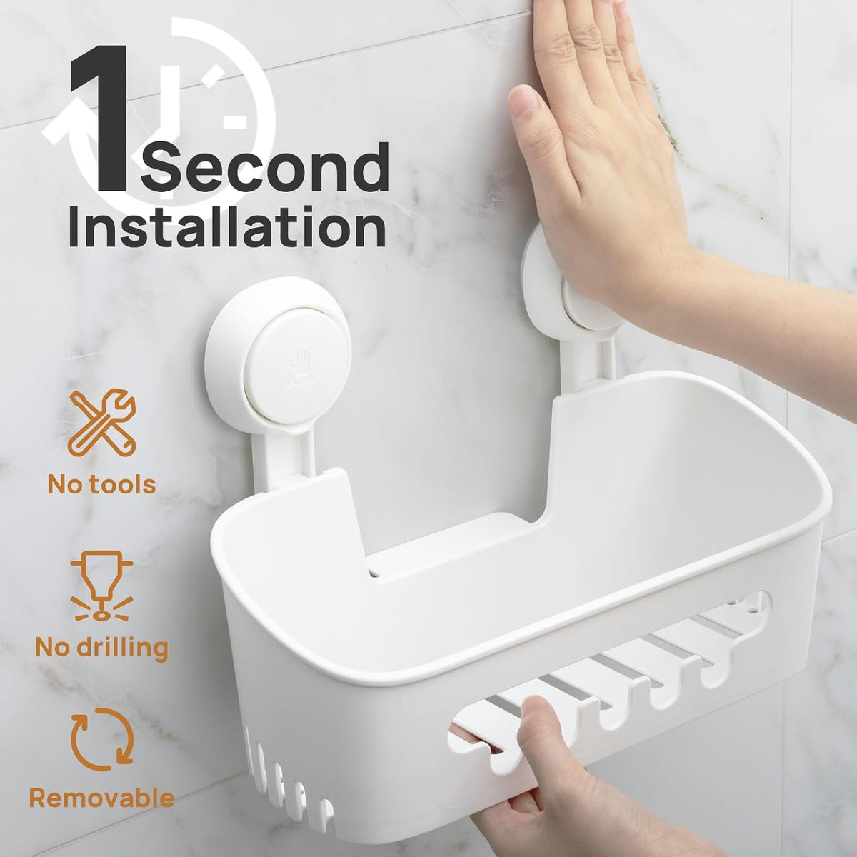 LEVERLOC Shower Caddy Suction Cup Set Shower Organizer & Soap Holder & Toothbrush Holder, Bathroom Shelf Basket NO-Drilling, Removable Suction Storage Waterproof Bathroom Caddy, White