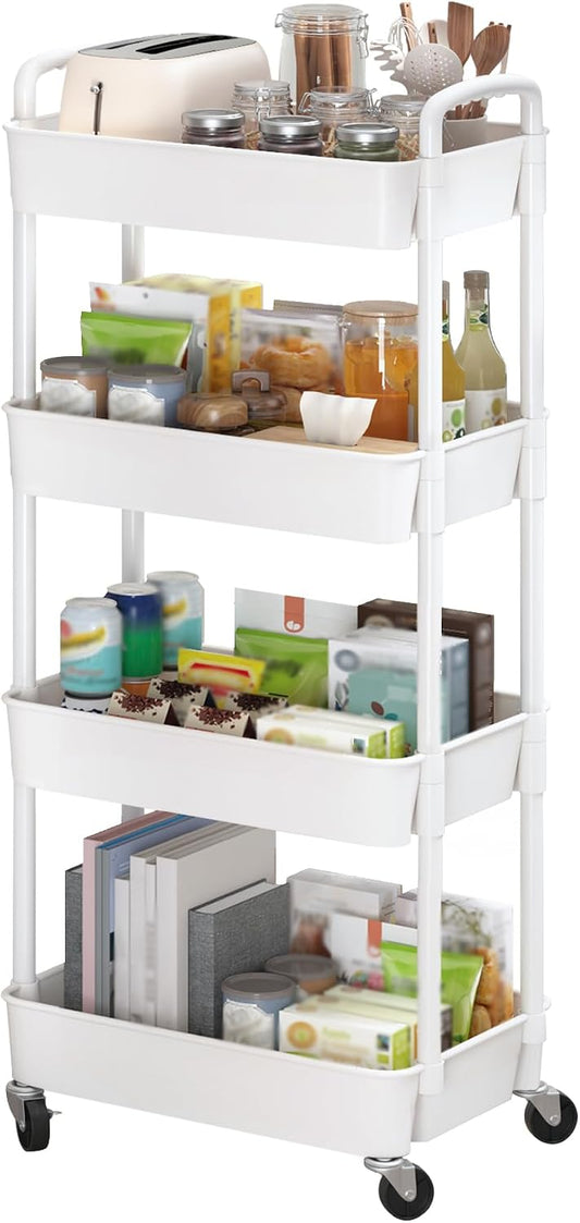 Sywhitta 4-Tier Plastic Rolling Utility Cart with Wheels for Storage,White