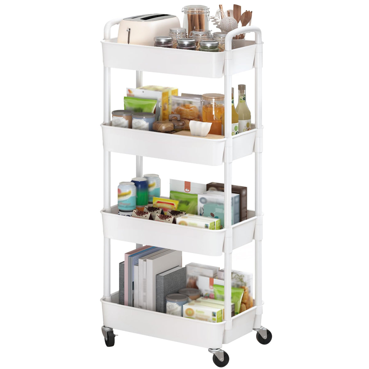 Sywhitta 4-Tier Plastic Rolling Utility Cart with Wheels for Storage,White
