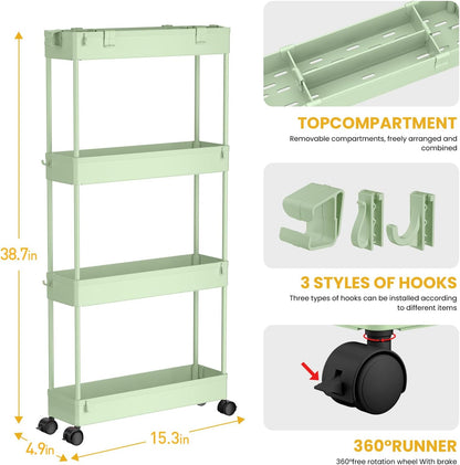 SPACELEAD Slim Storage Cart 4 Tier,Bathroom Organizer Rolling Utility,Mobile Shelving Unit Slide Out for Office, Kitchen, Laundry Room & Narrow Places，Green