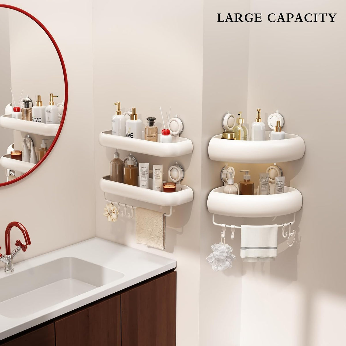 CICUFY Shower Caddy Suction Cup, 2 Pack No Drilling Corner Shower Shelves, Rust Proof Bathroom Storage Organizer, Shower Corner Caddy with Removable Hooks and Towel Bar, Triangle, Cream