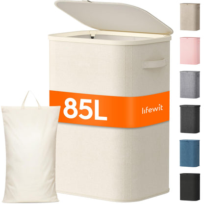 Lifewit 105L Large Laundry Hamper with Lid, Removable Inner Bag, Beige