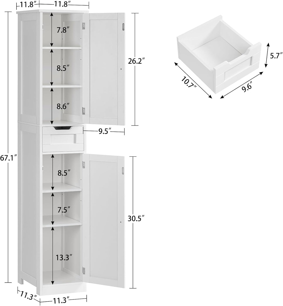 Iwell 66.9" Tall Bathroom Storage Cabinet with 2 Doors & 1 Drawer