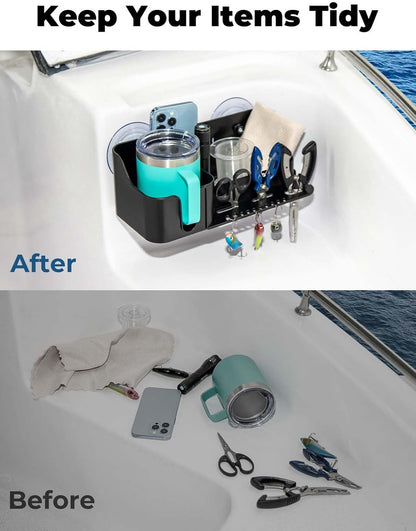 KEMIMOTO Boat Cup Holder, Caddy Organizer Installed With Screws/Suction Cups on Any Flat Surface, Storage Organizer, Cockpit Storage Box Marine Cup Holder for Bass Kayak Jon Pontoon Boat Accessories