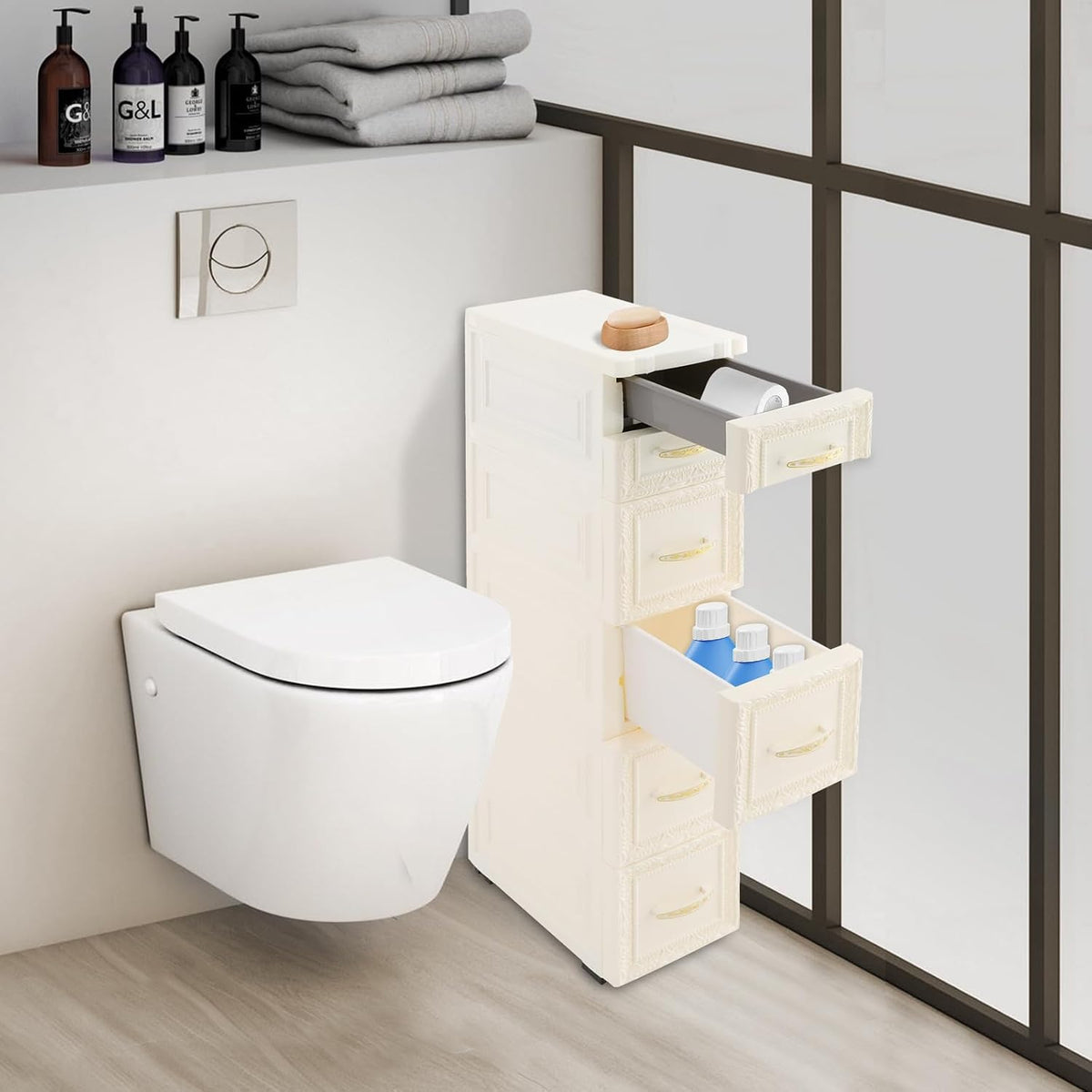 Slim Storage Cabinet, Rolling Drawer Unit, Narrow Organizer (White)