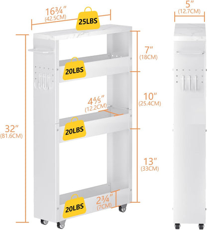 CHLORYARD Slim Storage Cart, 4-Tier Kitchen Rolling Cart Narrow Storage Cabinet with Handle & Wheels, Metal Rolling Shelf Unit for Kitchen Bathroom Laundry Small Places(5 in Width/White)