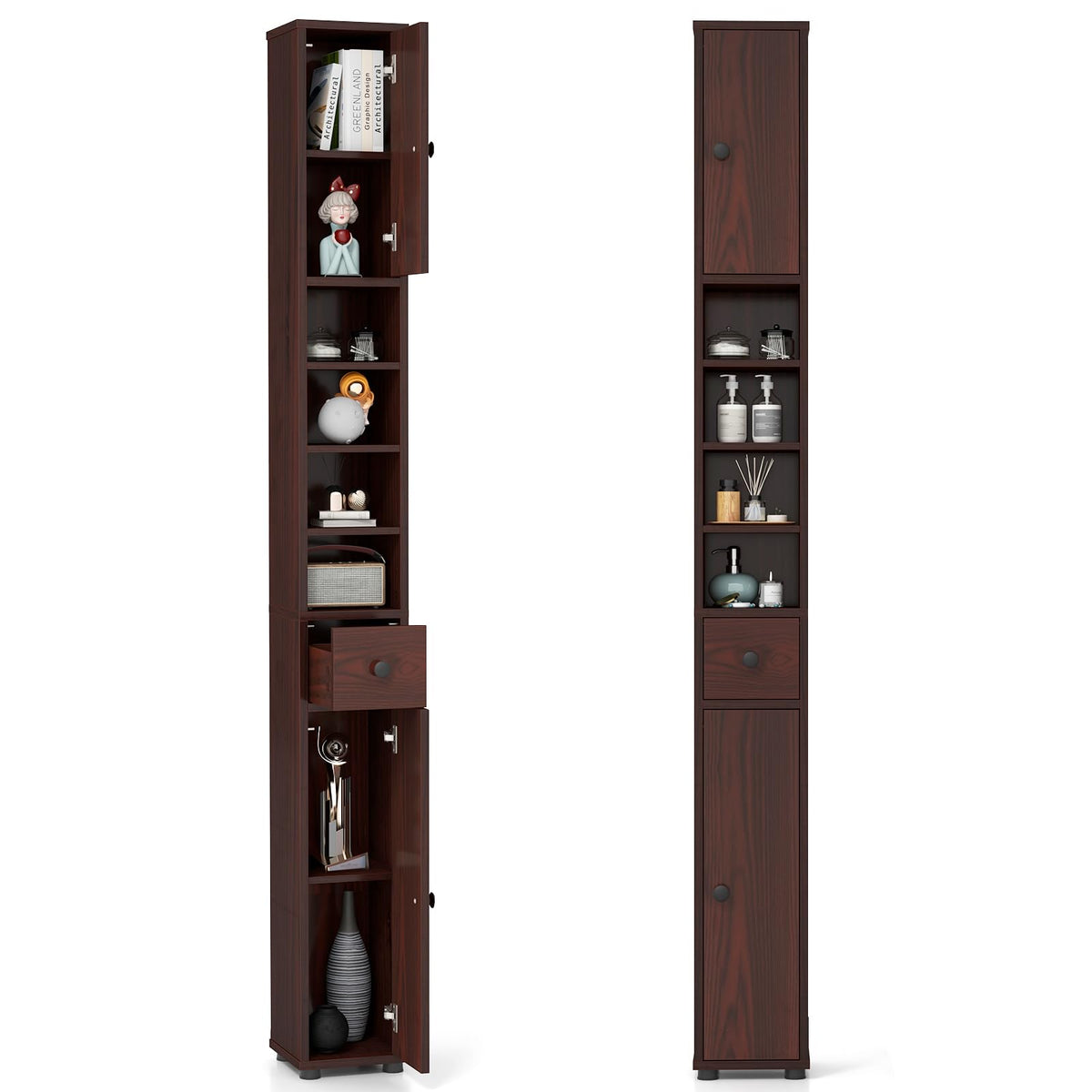 Tangkula Tall Slim Bathroom Storage Cabinet, 71" Freestanding Bathroom Cabinet w/ 2 Doors, 1 Drawer & 5 Adjustable Shelves, Floor Narrow Tower Cabinet for Small Spaces, 8" x 8" x 71" (Grey)