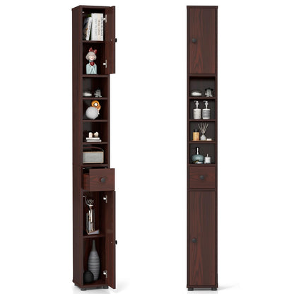 Tangkula Tall Slim Bathroom Storage Cabinet, 71" Freestanding Bathroom Cabinet w/ 2 Doors, 1 Drawer & 5 Adjustable Shelves, Floor Narrow Tower Cabinet for Small Spaces, 8" x 8" x 71" (Grey)