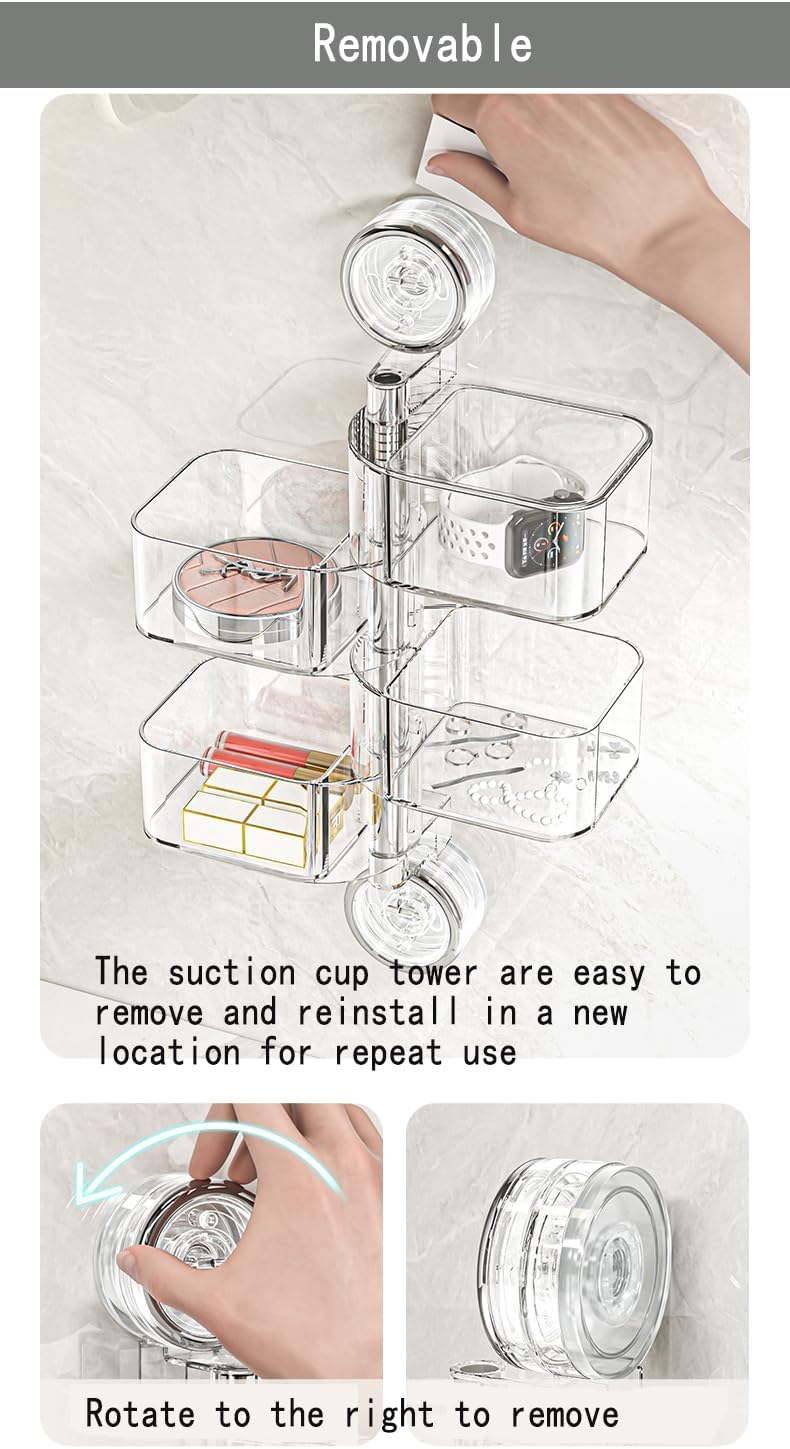4-Layer Rotating Transparent Suction Cups Wall Mounted Organizer for Small Items,Bathroom Holder for Trinkets Hairpin Q-Tips mini beauty sponges (4-Tier-Clear, M)