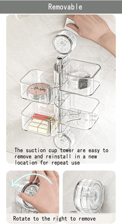 4-Layer Rotating Transparent Suction Cups Wall Mounted Organizer for Small Items,Bathroom Holder for Trinkets Hairpin Q-Tips mini beauty sponges (4-Tier-Clear, M)