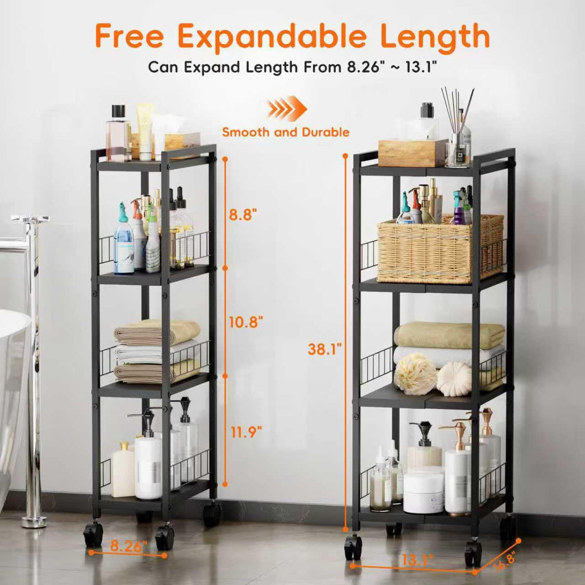Expandable Slim Storage Cart with Wheels, 4 Tier Narrow Metal Rolling Utility Cart Organizer Adjustable Open Floor Shelving Unit for Small Spaces Bathroom Laundry Room Kitchen