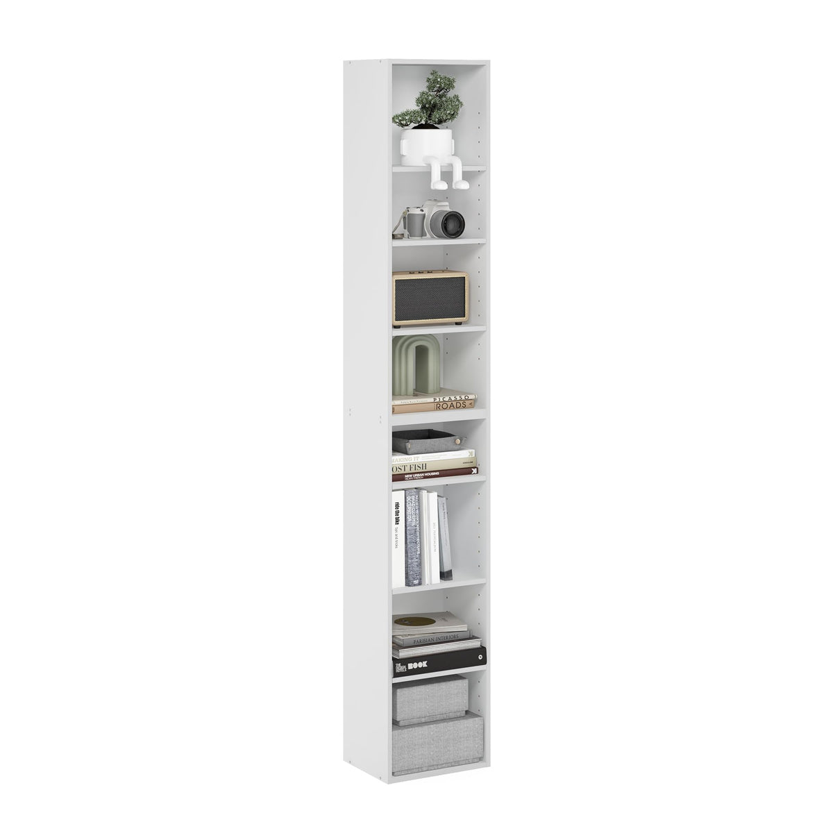 Furinno LUDER Book Shelf, 6-Tier Tall Modern Bookshelf, Bookcase with Open Shelves, 9.3 x 12 x 71, for Living Room, Bedroom, Home Office, White