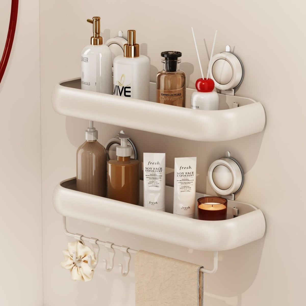CICUFY Shower Caddy Suction Cup, 2 Pack No Drilling Corner Shower Shelves, Rust Proof Bathroom Storage Organizer, Shower Corner Caddy with Removable Hooks and Towel Bar, Triangle, Cream