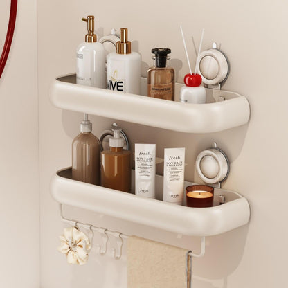 CICUFY Shower Caddy Suction Cup, 2 Pack No Drilling Corner Shower Shelves, Rust Proof Bathroom Storage Organizer, Shower Corner Caddy with Removable Hooks and Towel Bar, Triangle, Cream