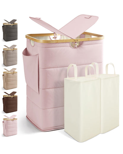 MIZATTO 2 Section Laundry Hamper with Lid, 140L Quilted Puffer Basket